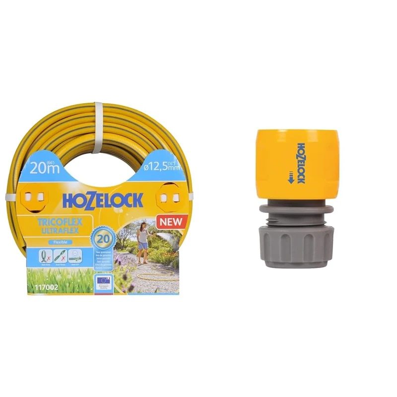 Hozelock Tricoflex Ultraflex Hose, Yellow, 12.5 mm x 20 m & Inlet Adaptor : for Reels and Carts, Water Connection [2166P9000]