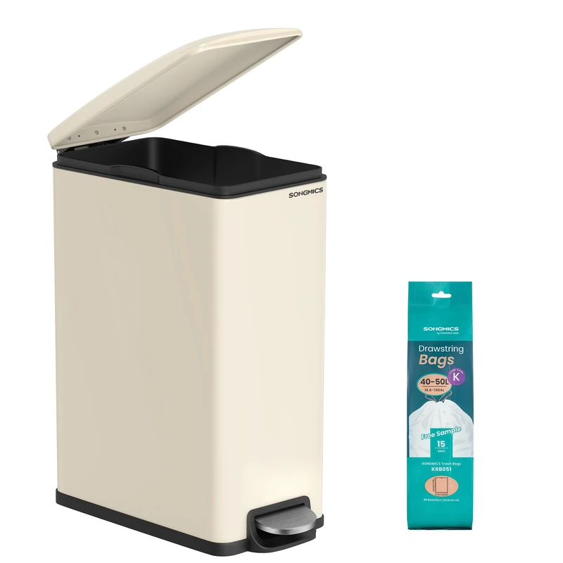 SONGMICS Kitchen Bin, 12.7-Gallon (48 L) Slim Pedal Bin for Narrow Spaces, Rubbish and Waste Bin with Soft-Close Lid and Inner Bucket, Steel, 15 Rubbish Bags Included, Sand Beige LTB510A02