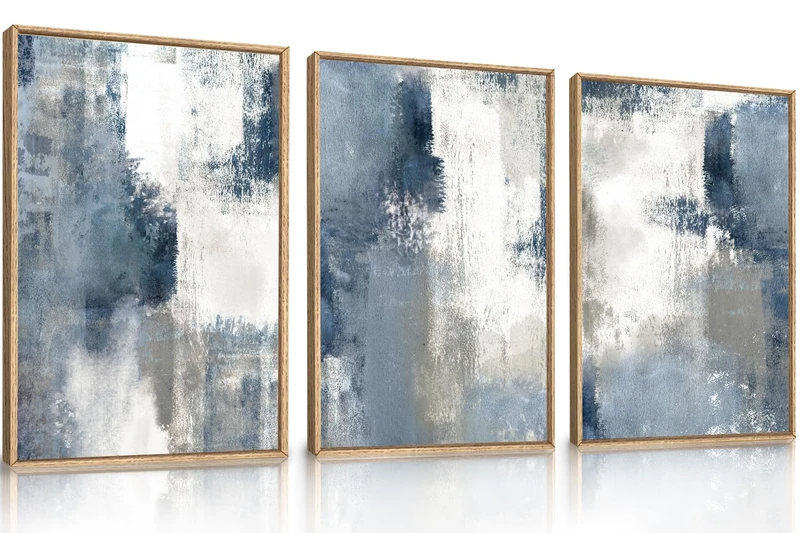 LHIUEM Large Abstract Brush Strokes Framed Canvas Wall Art Set,Navy Blue and Gray Wall Decor,Modern Color Block Shape Artwork,Minimalist Neutral Blue Printing for Living Room,Bedroom, Office-24''x36