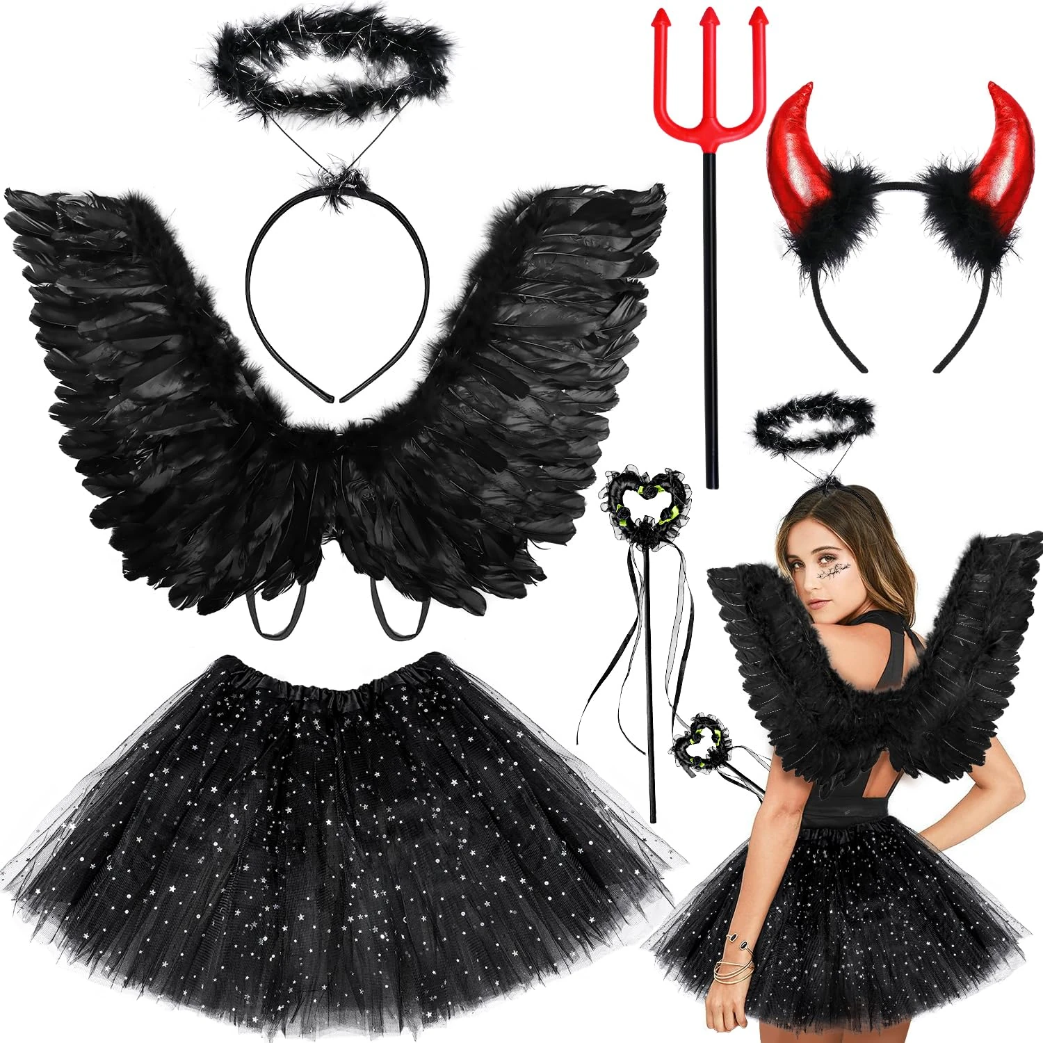 iZoeL Angel Costume Devil Black Angel Wings Devil Halloween Costume Women Girls Women Adult Wings Black Halo Devil Horns Fork