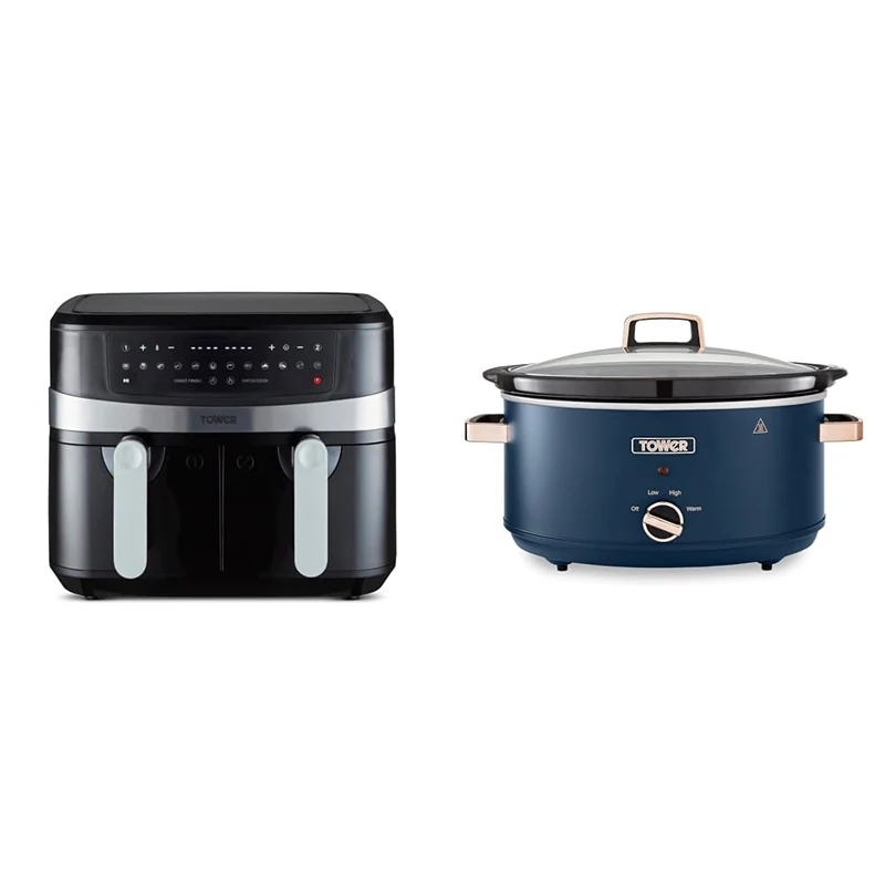 Tower T17088 Vortx 9L Dual Basket Air Fryer with Smart Finish, 2600W, Black & T16043MNB Cavaletto 6.5 Litre Slow Cooker with 3 Heat Settings, Cool Touch Handles, Midnight Blue and Rose Gold