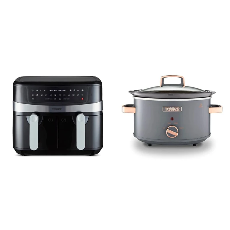 Tower T17088 Vortx 9L Dual Basket Air Fryer with Smart Finish, 2600W, Black & T16042GRY Cavaletto 3,5 Litre Slow Cooker with 3 Heat Settings, Cool Touch Handles, 210W, Grey and Rose Gold