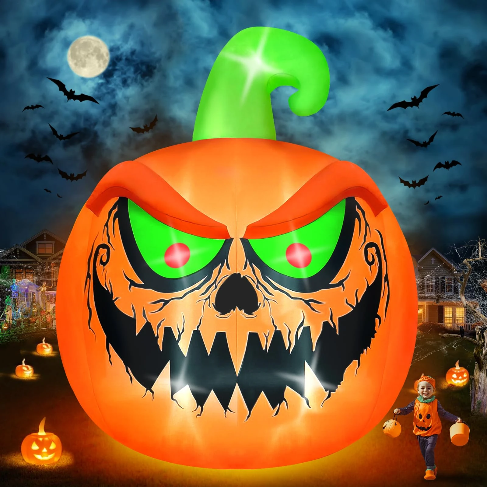 Kalolary 15FT Giant Halloween Inflatables Pumpkin Outdoor Decoration, Pumpkin with Green Red Eyes Blow Up Yard Decoration for Halloween Party Indoor, Outdoor, Yard, Garden, Lawn