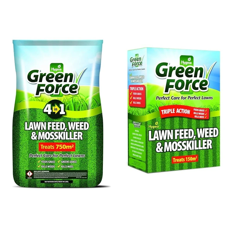 GREENFORCE G60015 4 in1 Lawn Feed Weed, Moss Killer, Green, 50 X 40 X 25 cm & P21028A Fertilizer Weed Moss Killer, Greens Lawn, Grey, 26.5 cm*16.0 cm*8.0 cm