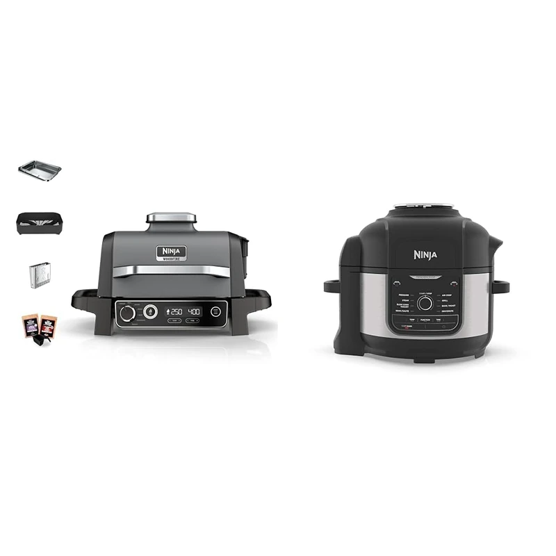 Ninja Woodfire Electric BBQ Grill & Smoker, 7-in-1 Outdoor Grill & Air Fryer, Roast, Bake & Foodi 9-in-1 Multi Cooker, 6L with 9 Cooking Functions, Pressure Cook, Air Fry, Slow Cook