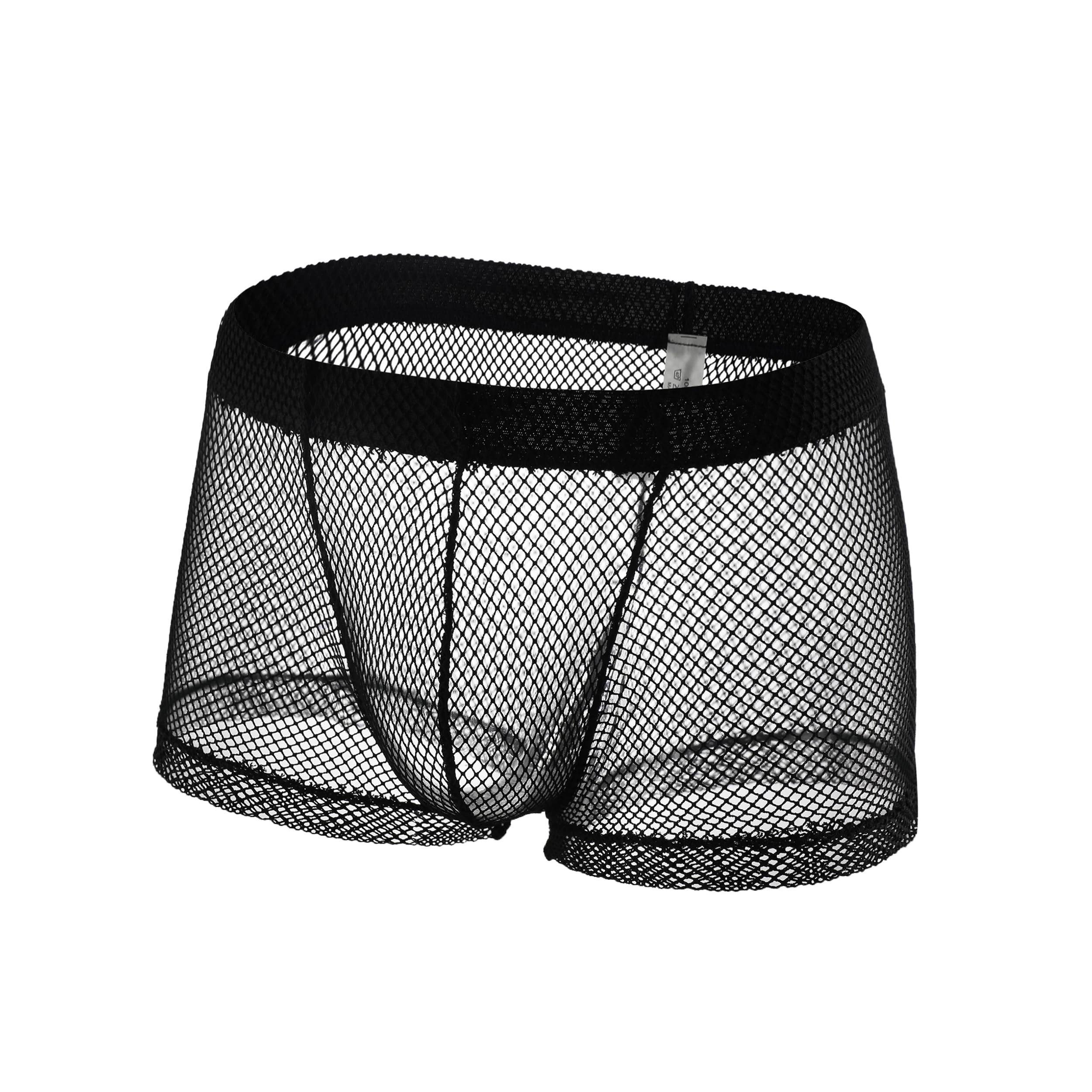 Drelaar Men's Sexy Transprent Fishnet Underwear Shorts Low Rise Boxer Trunks Large Black