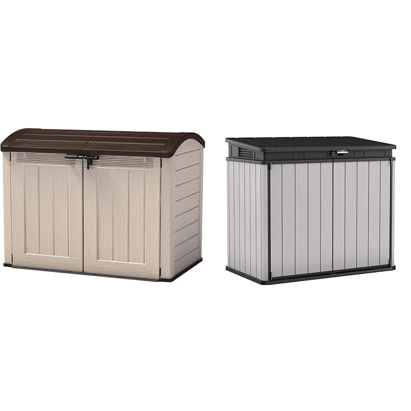 Keter Store It Out Ultra Outdoor Garden Storage Shed, 177 x 113 x 134 cm - Beige and Brown & Store It Out Premier XL Outdoor Garden Storage Shed, Grey and Black, 141 x 82 x 123.5 cm