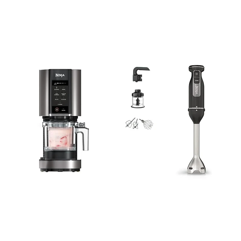 Ninja CREAMi Ice Cream Maker & Frozen Dessert Maker with 3 Tubs, 7 Programs, Makes Ice Cream & Foodi 3-in-1 Hand Blender, Hand Mixer & Chopper, Food Processor with 3 Attachments