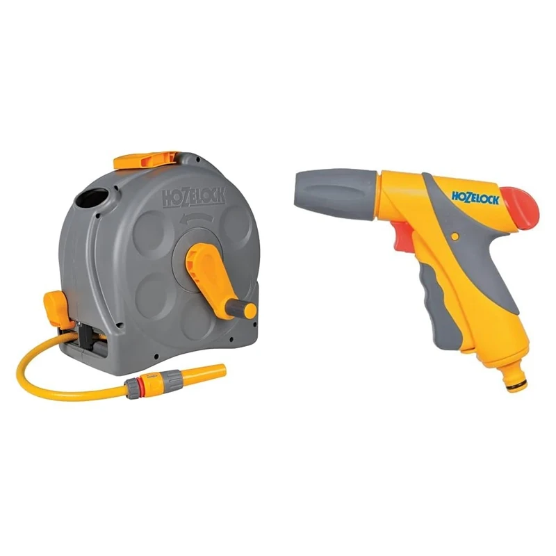HOZELOCK - 2-in-1 Compact Hose Reel 25m : Portable or Wall-Mounted Plastic Reel & Jet Spray Gun Plus : Ideal for Maintenance and Watering, Daily or Intensive Use, Ergonomic Design