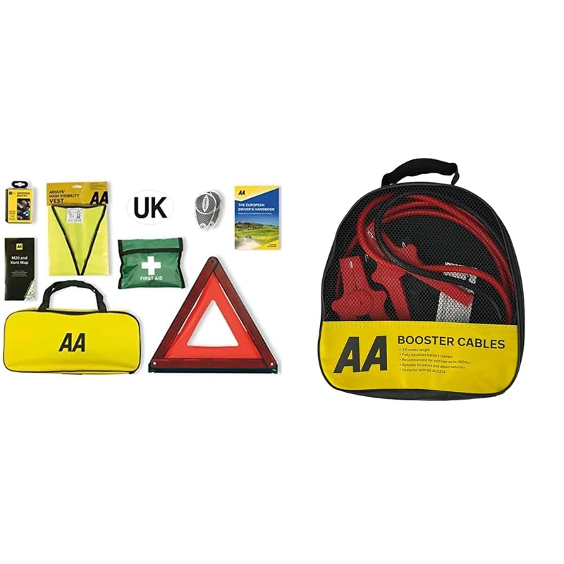 AA Euro Travel Kit AA6318 - for Driving in France/Europe & Insulated Booster Cables/Jump Leads AA4550 - For Petrol/Diesel Engines Up to 3000cc