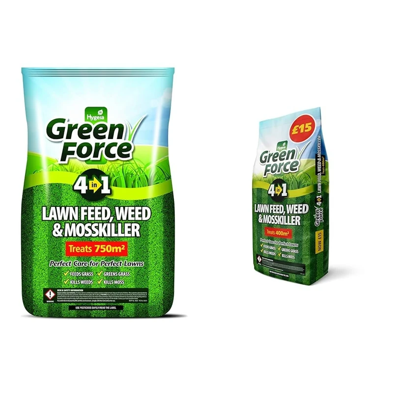 GREENFORCE G60015 4 in1 Lawn Feed Weed, Moss Killer, Green, 50 X 40 X 25 cm & G21086 Green Force Lawn Feed Weed Moss Killer 400m2 Fertilizer, Grey, 30.0 cm*21.0 cm*11.0 cm