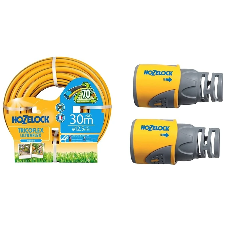 Hozelock Tricoflex Ultraflex Hose, Yellow, 12.5 mm x 30 m & Hose Connector Plus ø 12.5mm - 15mm (1/2"- 5/8") Soft Touch x2 : Watertight, Non-Slip, Flexible