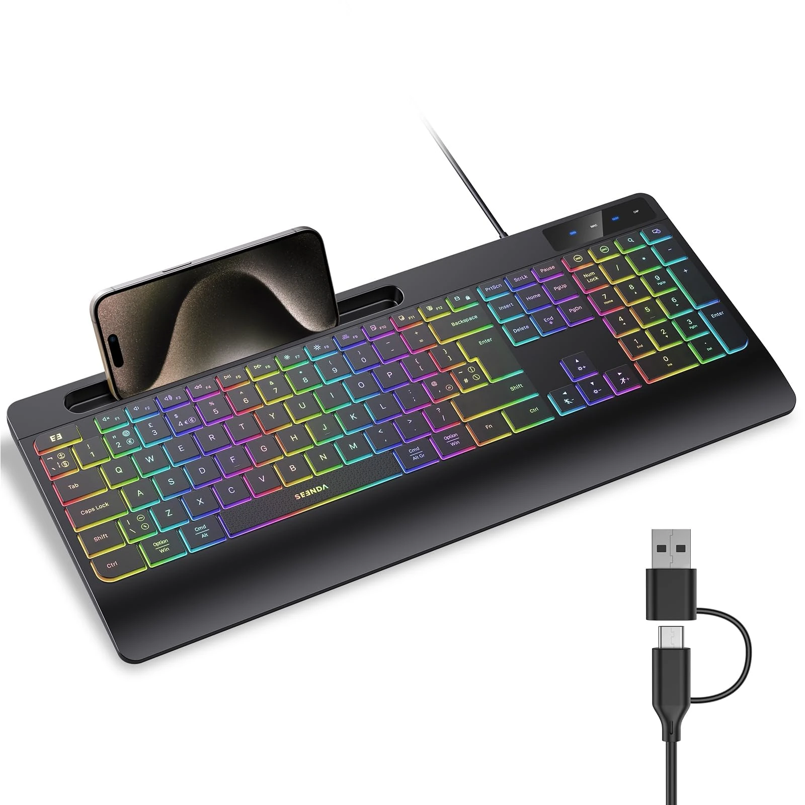 Seenda KOE200 Wired RGB Backlit Keyboard Quiet with Phone Holder and Palm Support for Windows and Mac OS Systems, 2-in-1 USB and Type C Connector for PC Laptop Computer MacBook iMac, Black