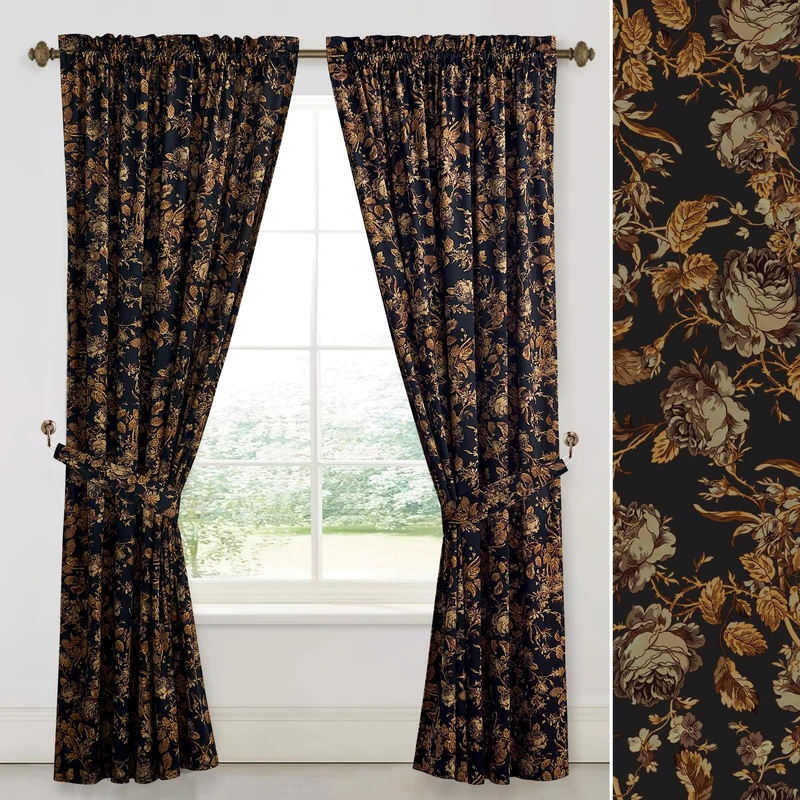 StangH Gold Curtains 90 Inch Vintage Velvet Printed Drapes, 2 Panels