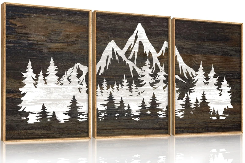 LHIUEM Large Mountain Tree Framed Canvas Wall Art Set,Modern White Forest Art Printing Country Minimalist Wood Wall Decor Farmhouse Zen Artwork for Living Room Bedroom Office-24''x36''x3