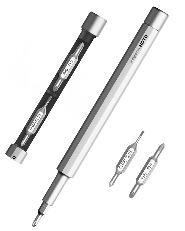 HOTO Precision Screwdriver SE, Pocket Size, Multi-Bit, Mini Hand Screwdriver with 2 Double End Bits & 1 Pen Bit, Ideal for Phone/Glasses/Watches/Laptop, Silver