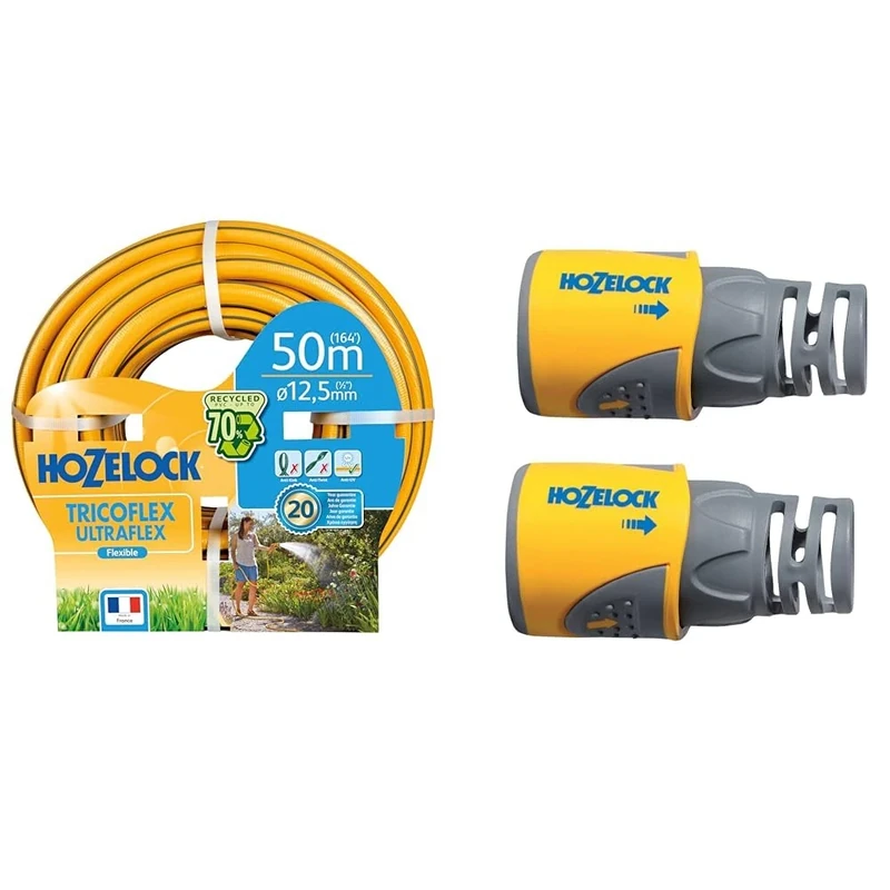 Hozelock Tricoflex Ultraflex Hose, Yellow, 12.5 mm x 50 m & Hose Connector Plus ø 12.5mm - 15mm (1/2"- 5/8") Soft Touch x2 : Watertight, Non-Slip, Flexible