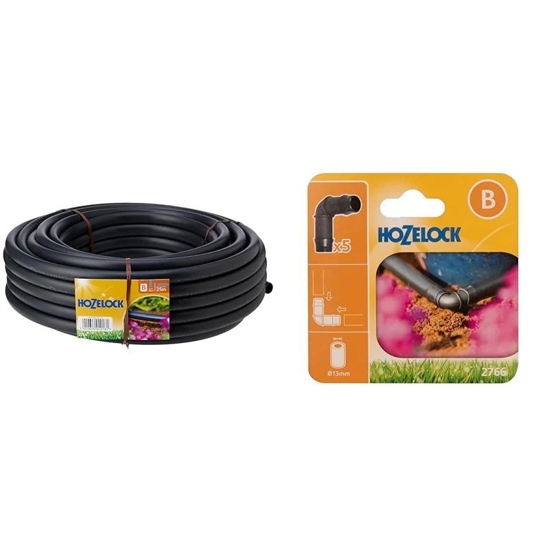Hozelock LPDE Supply Hose for Irrigation System only, 25 m x 13 mm [2764R0000] & Micro Irrigation Elbow Fittings 90° ø 13mm (1/2") : Ideal for Creating a Bifurcation, UV-Resistant [2766 0005]