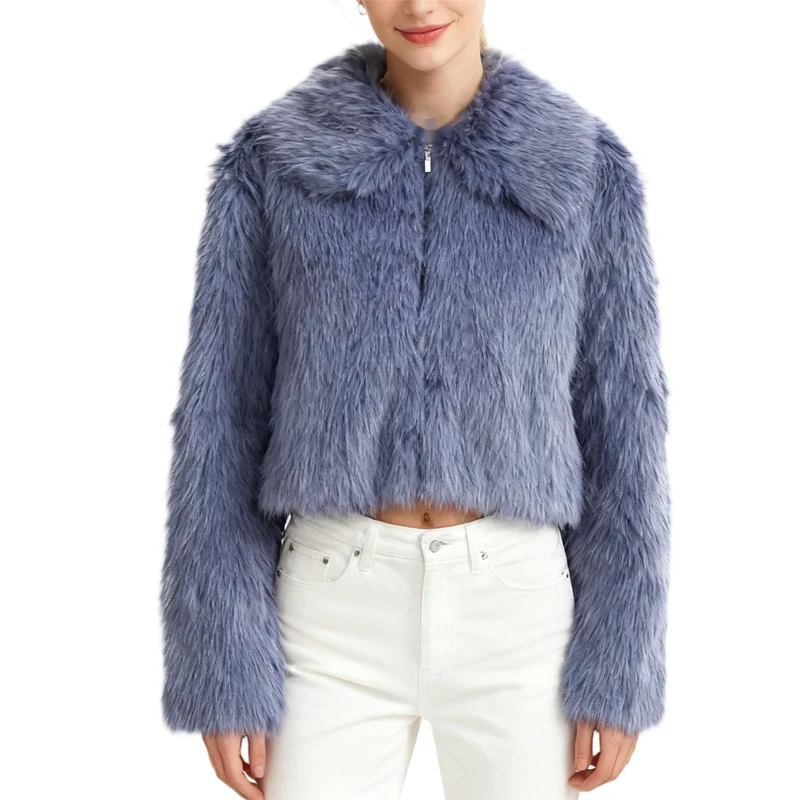 Amazhiyu Womens Faux Fur Coat, Winter Long Sleeve Jacket Crew Neck Zip-Up Outwear Plush Warm Winter Coat Purple M