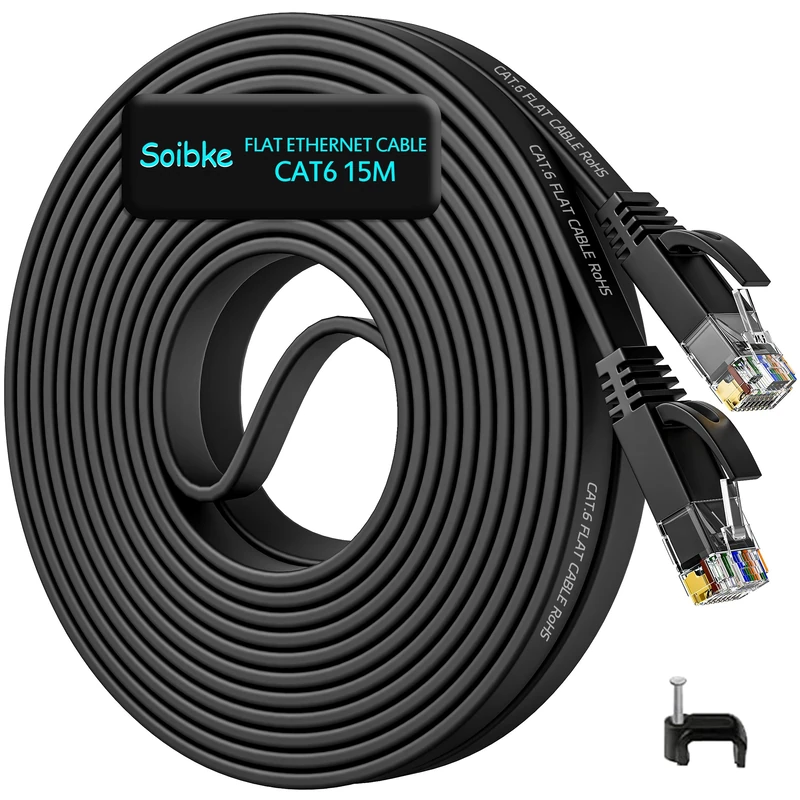 Soibke Ethernet Cable 15m, Cat 6 Long Internet Cable 15 Meter Flat Gigabit LAN Network Cable High Speed 1Gbps Wifi Cable Black Slim RJ45 Patch Cord Compatible with Cat5/Cat6a for Router Modem