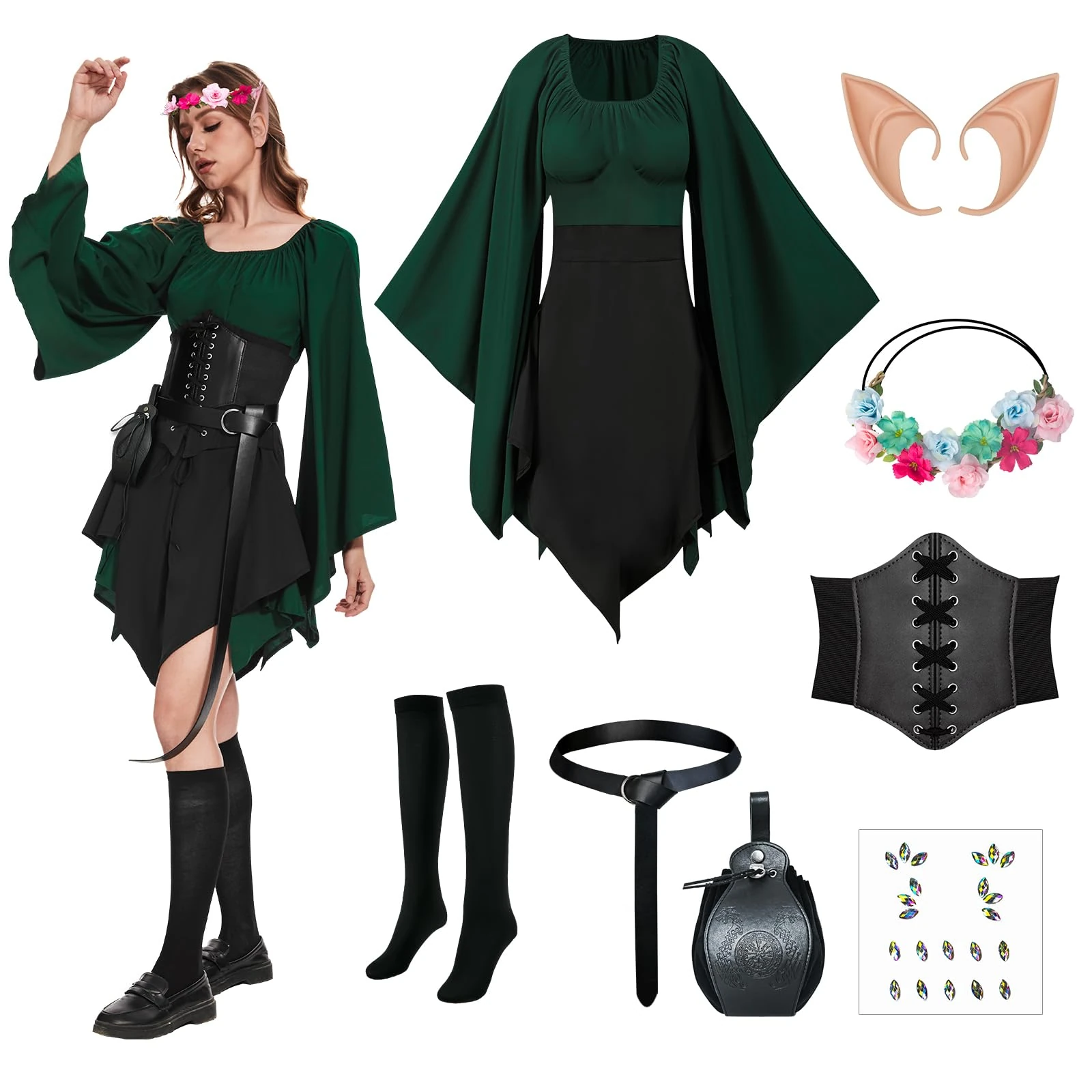 OPAEHJF 8PCS Women Medieval Dress Traditional Irish Dress Renaissance Elf Ear Costume Halloween Victorian Cosplay Dress (Green, L)