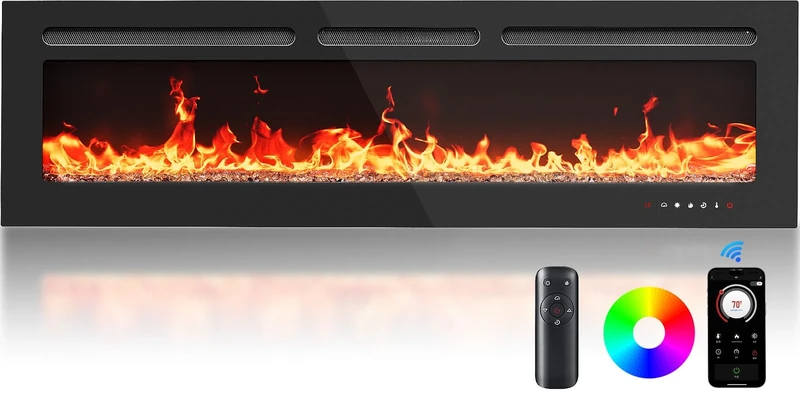 Silonn 50″/127cm Electric Fireplace Heater with App & Remote Control, 5300 BTU Heat Output, Ultra-Slim Wall-Mounted or Recessed Electric Fireplace Inserts with Timer, 20 Flame Colors
