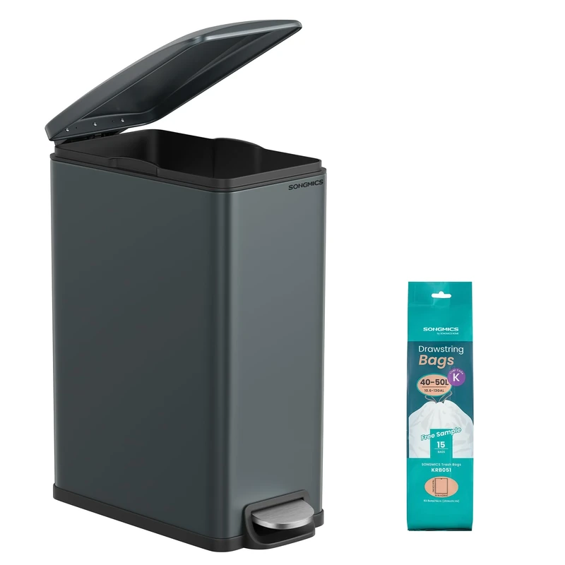 SONGMICS Kitchen Bin, 12.7-Gallon (48 L) Slim Pedal Bin for Narrow Spaces, Rubbish and Waste Bin with Soft-Close Lid and Inner Bucket, Steel, 15 Rubbish Bags Included, Charcoal Grey LTB510G02