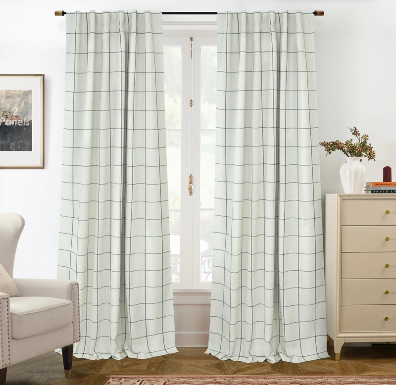 DriftAway 100% Blackout Plaid Linen Curtains 96 Inches Long 2 Panels Black