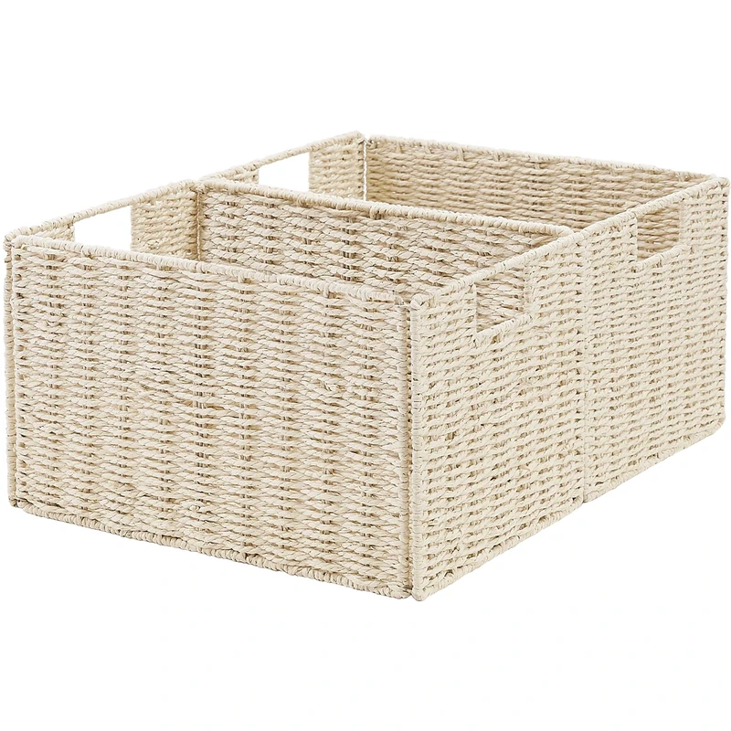 Vagusicc Wicker Storage Basket, Set of 2 Hand-Woven Paper Rope Wicker Basket, Small Storage Baskets for Organizing Toilet Paper Baskets, Foldable Large Cube Storage Organizer Bin for Shelves (Beige)