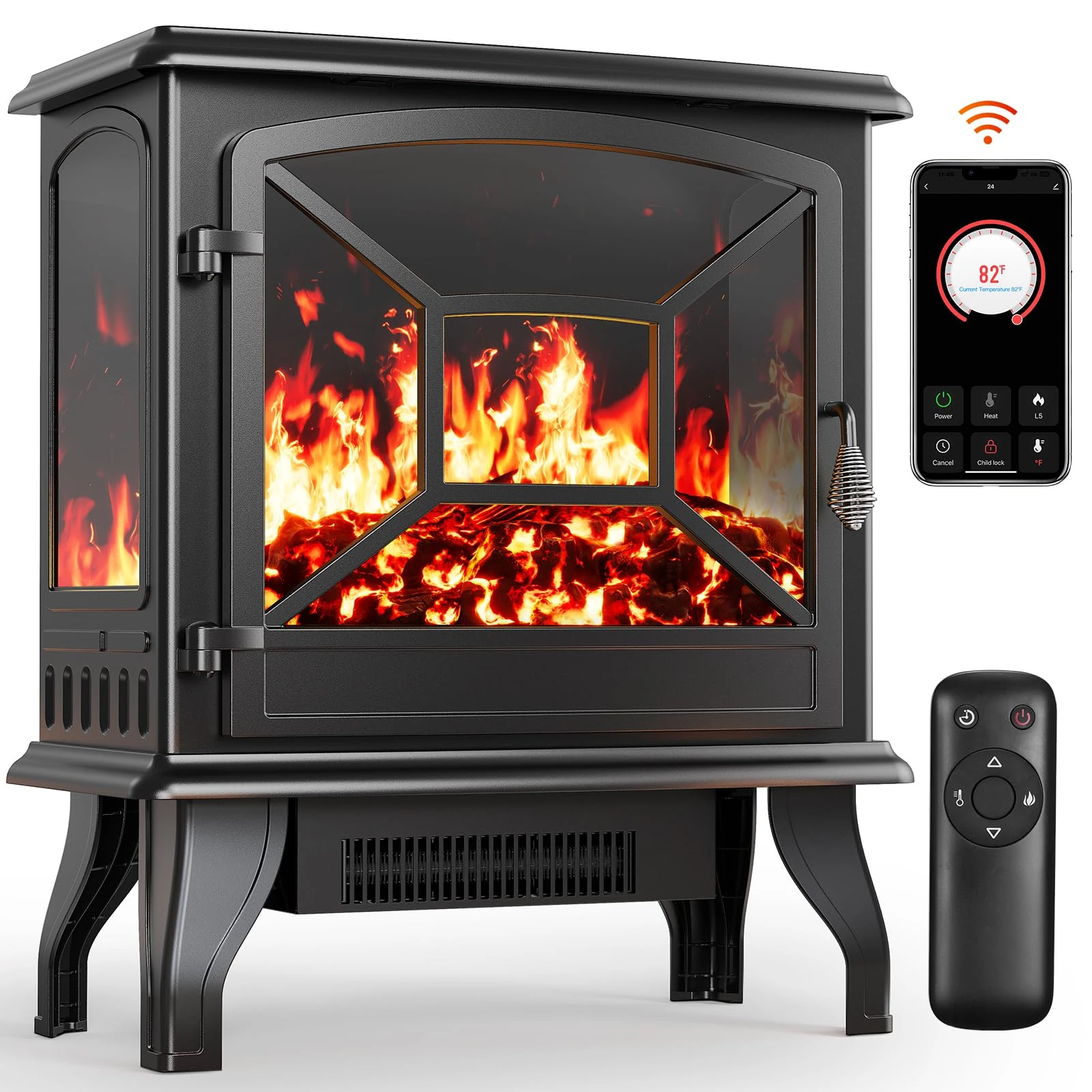 Silonn Electric Fireplace Heater,5300 BTU Portable Fireplace with App & Remote,24″/60cm Electric Corner Fireplace Low Noise with 5 Brightness Levels,Temp Control & Timer for Living Room,Bedroom