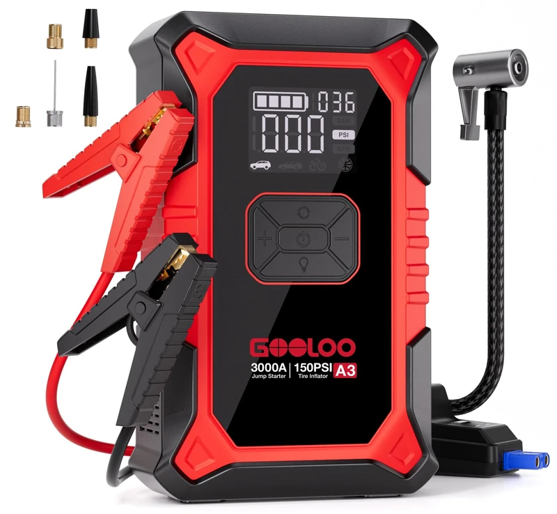 GOOLOO A3 Jump Starter with Air Compressor, 3000A Portable Car Battery Booster (9.0 Gas/6.5L Diesel) with 150PSI Auto-Shutoff Tire Inflator, 12V Lithium Jump Box Car Battery Jumper Starter