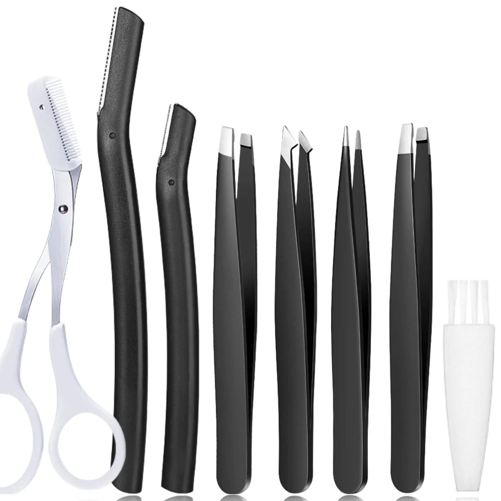 Tweezers Set for Facial Hair Removal Women, 8Pcs Precision Eyebrow Tweezers with Slanted & Pointed Tip Eyebrow Plucker Men for Ingrown Hair Removal (Black)