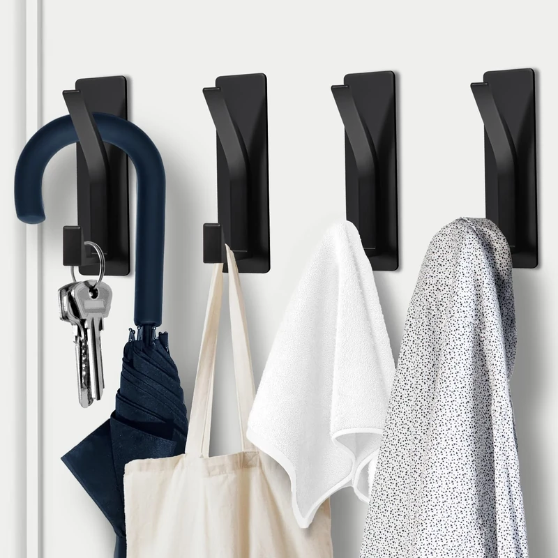 AUXHCYL Self Adhesive Hooks, 4 Pcs Stick on Hooks Heavy Duty for 6KG Weight, Sticky Hook for Hanging,Wall and Door Hook for Towel Coat Hat in Bathroom Kitchen Shower(Black)