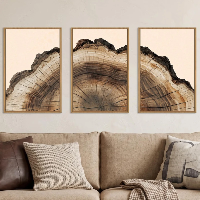 KAIRNE Vintage Tree Rings Framed Canvas Wall Art Set, Retro Wood Stump Wall Decor, Neutral Tree Spiral Art Prints, Modern Annual Ring Artwork for Living Room, Bedroom, Farmhouse, Office-24 x36 x3