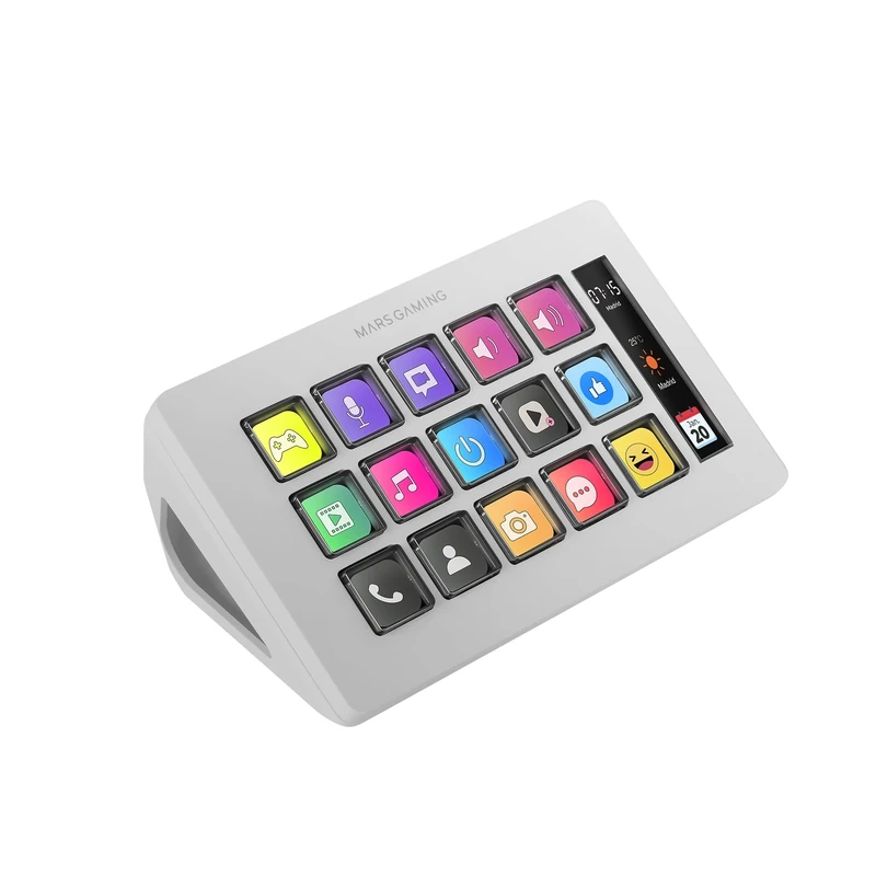 Mars Gaming MSD-ONE, Control Deck Slim, 15 Customisable LCD Keys, Enlarged LCD Display, Control Software and Plug-ins, Compact Control Deck with Ergonomic Slim Design, Windows and MacOS, White