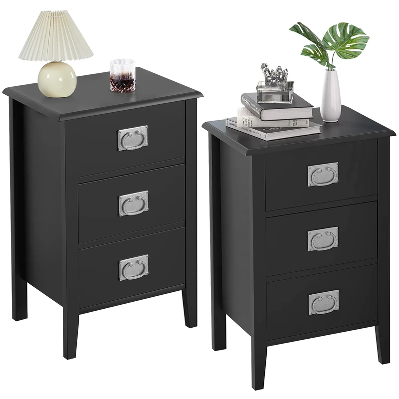 VECELO Bedside Table Set of 2, Modern Nightstands End/Side Cabinet Wooden with 3 Drawers, Storage Unit for Bedroom/Living Room/Hallway, 40L×30W×60Hcm