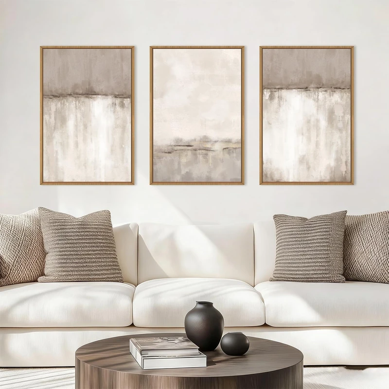 KAIRNE Large Neutral Gray Framed Canvas Wall Art Set, Abstract Duotone Gray Tan Wall Decor, Neutral Watercolor Shape Wall Pinting, Modern Landscape Art Print for Living Room,Bedroom,Office-16 x24 x3