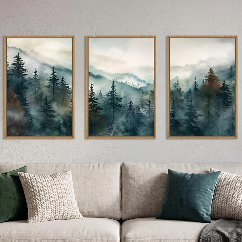 KAIRNE Watercolor Misty Forest Framed Canvas Wall Art Set, Nature Landscape Wall Decor, Foggy Mountain Pine Trees Wall Painting, Jungle Scenery Artwork for Living Room, Bedroom, Office - 24"x36"x3