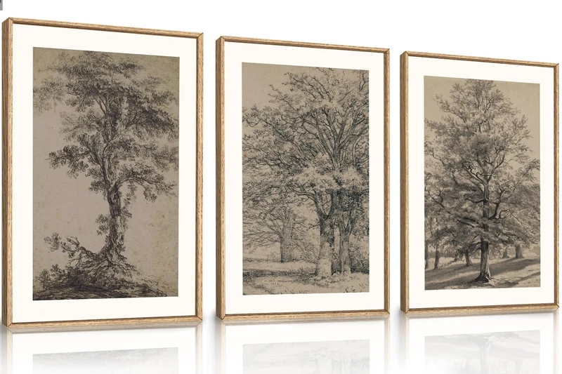 KAIRNE Vintage Tree Sketch Framed Canvas Wall Art Set, Antique Tree Drawings Wall Decor, Retro Forest Art Prints, Modern Nature Landscape Artwork for Living Room, Bedroom, Farmhouse, Office-24 x36 x3