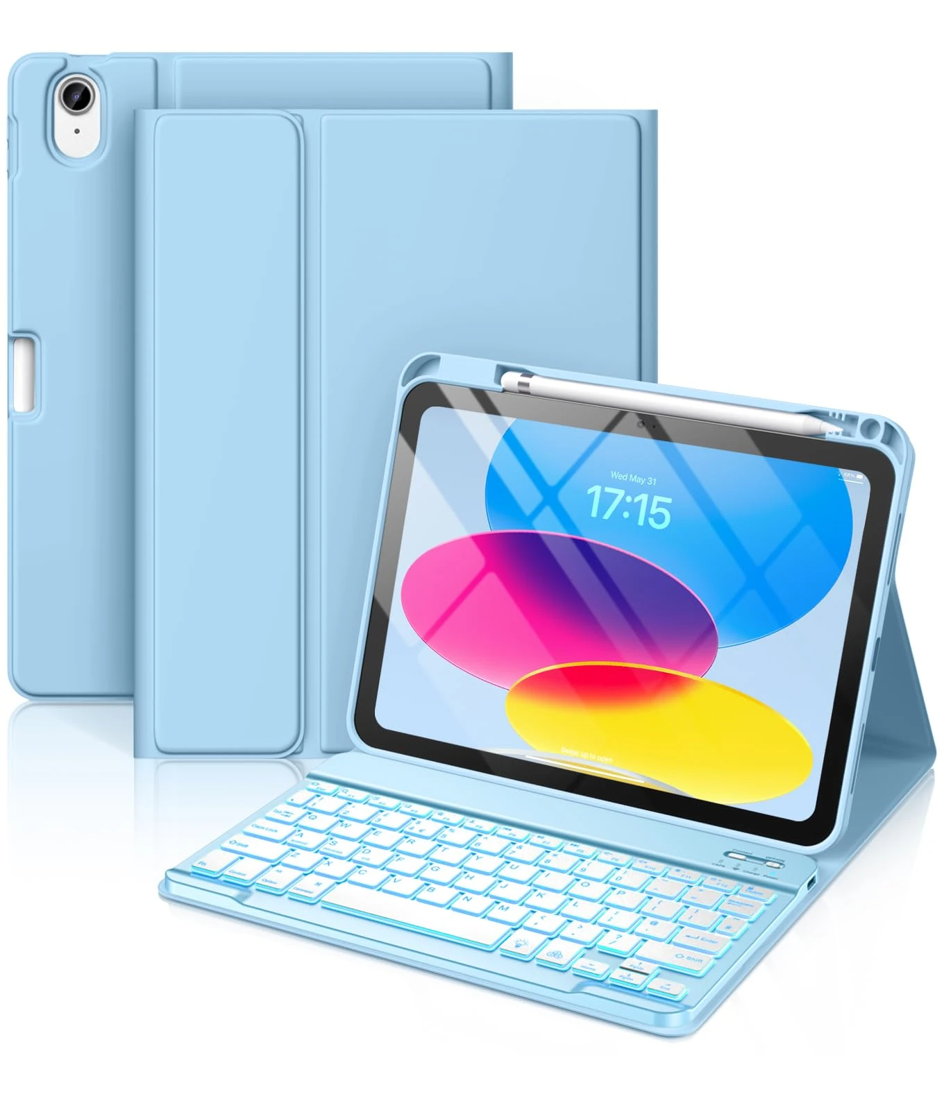 Vobafe Keyboard Case for iPad A16 11th Generation 2025/10th Generation 2022(11/10.9 inch), 7 Colors Backlit Detachable Folio Keyboard Cover with Pencil Holder for iPad 11/10 Gen, UK Layout, LightBlue