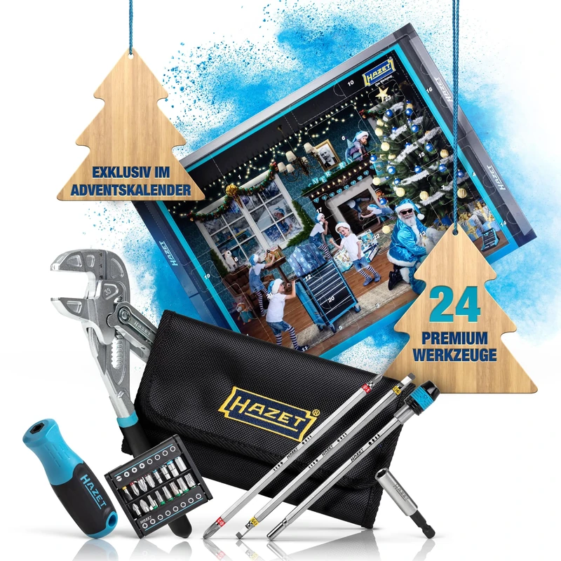 HAZET Advent Calendar 2024, 24-Piece Premium Tool Set Including Pliers Wrench, Practical Belt Bag, Bit Holder and Bit Set, Christmas Calendar for Every Screwdriver
