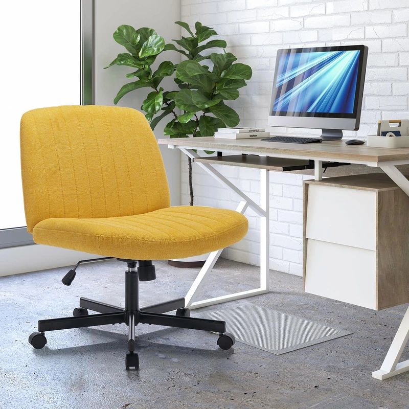 COLAMY Wide Office Chair, Padded Armless Task VanityChair Swivel Home Office Desk Chair 115°Rocking Mid Back Ergonomic Computer Chair for Home Working, Make Up, Gaming (With Wheels, Yellow)