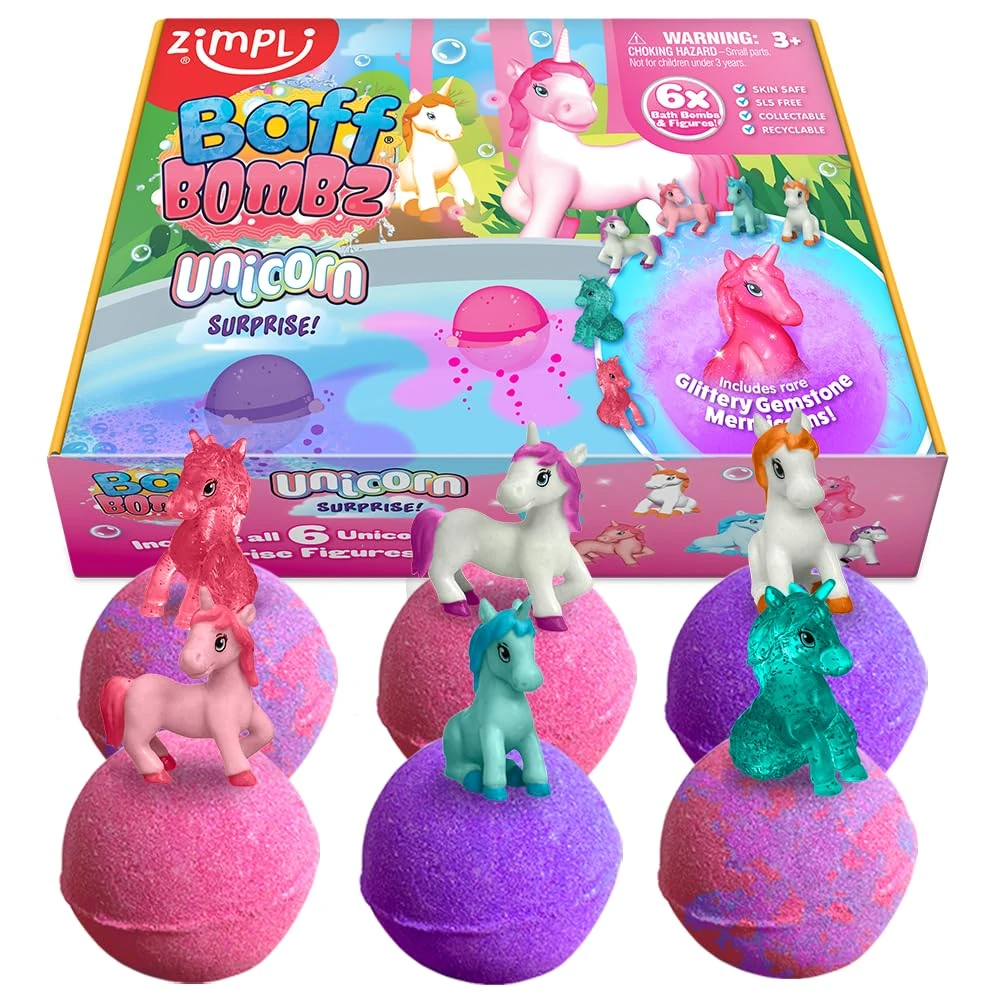 ZIMPLI - 6 x Large Unicorn Surprise Bath Bombs, 6 Surprise Unicorn Toys Included, Bath Toys for Girls, Bubble Baff Bomb Gift Set, Xmas Gift