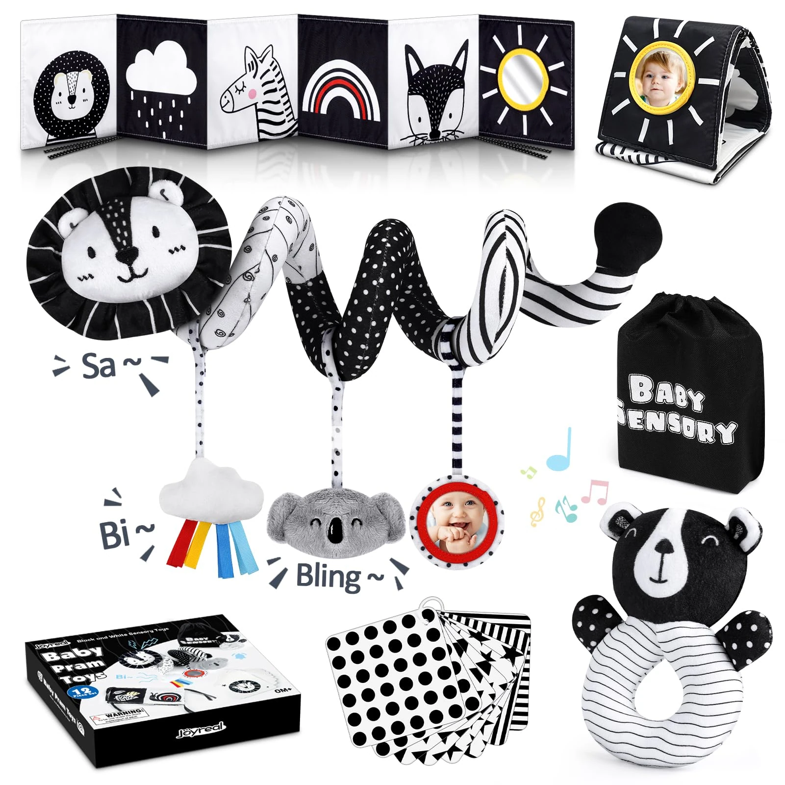 Joyreal Spiral Pram Toys for Babies - Black and White High Contrast Newborn Toy, Car Seat, Rattles, Sensory Cards, Baby Books 0-12 Months Gifts for Girls Boys