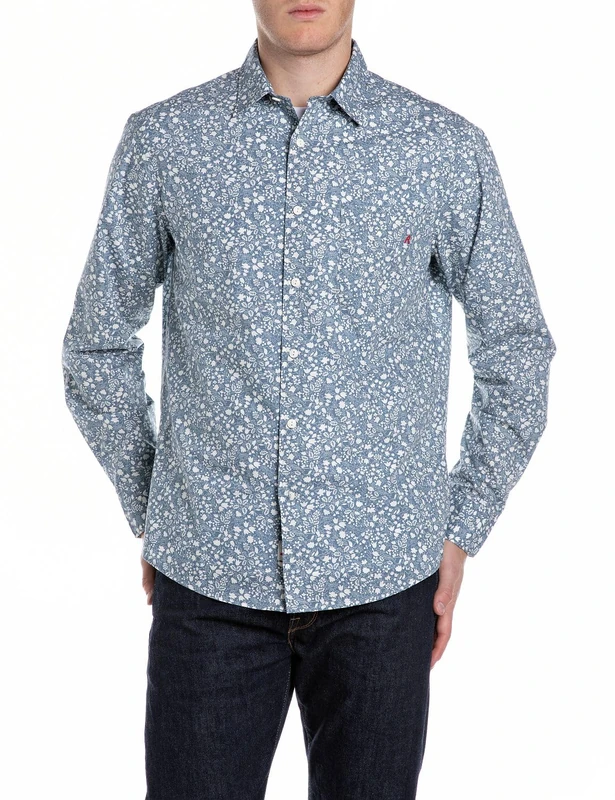 Replay Men's Shirt, 010 Lt Blue/Natural White, L
