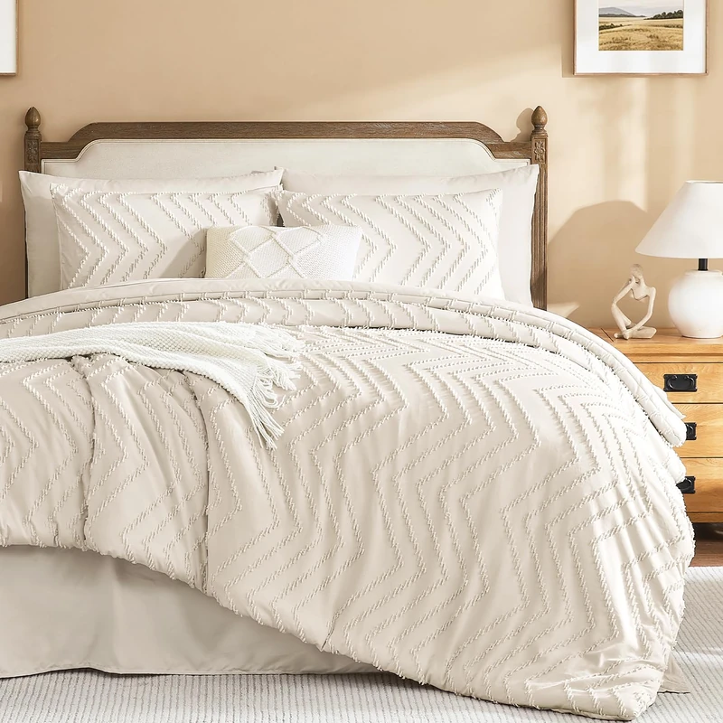 Litanika Oversized King Comforter with Sheets Beige, 7 Pieces Boho Bed Set