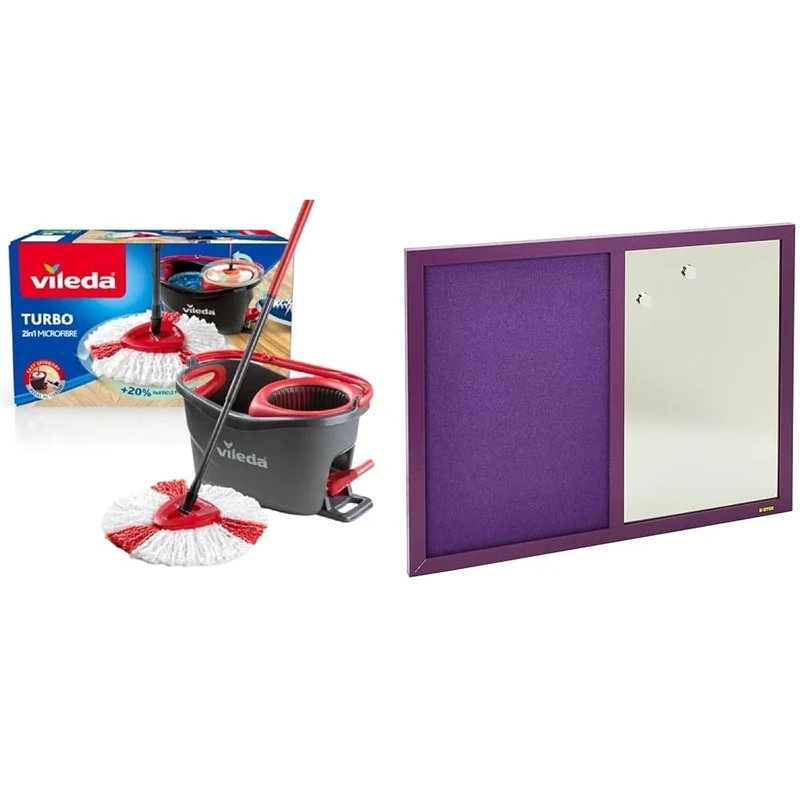 Vileda Turbo Microfibre Mop and Bucket Set, Spin Mop for Cleaning Floors, Set of 1x Mop and 1x Bucke & Bi-Office Combination Board Lavender, Silver Finish Magnetic Dry Erase / Purple Softtouch Notice