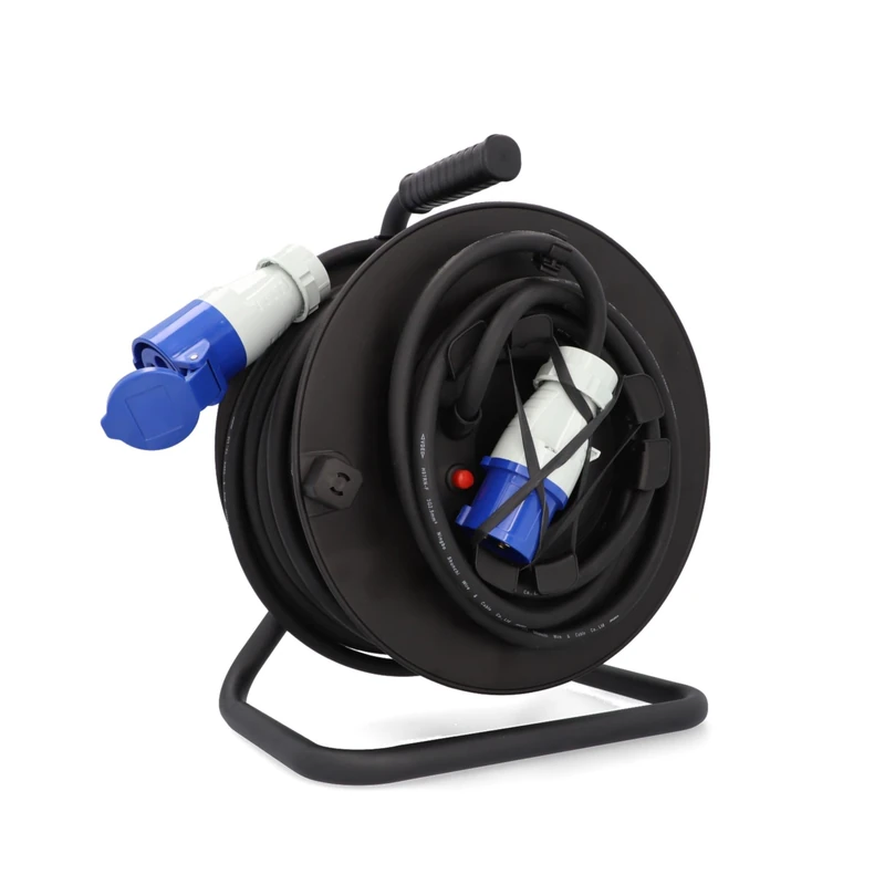 cartrend Explorer CEE Cable Reel with 1 CEE Plug and 1 CEE Coupling, Extension Cable for Permanent Use When Camping and Outdoors, with Parking Brake, IP44, 25 m, Black