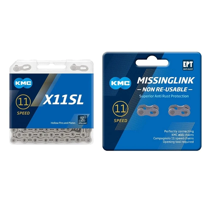 KMC X11SL 11 Speed Chain, Silver, 118 Link & 11 Speed EPT Non Re-Usable MissingLinks, Dark Silver, 2 Pairs