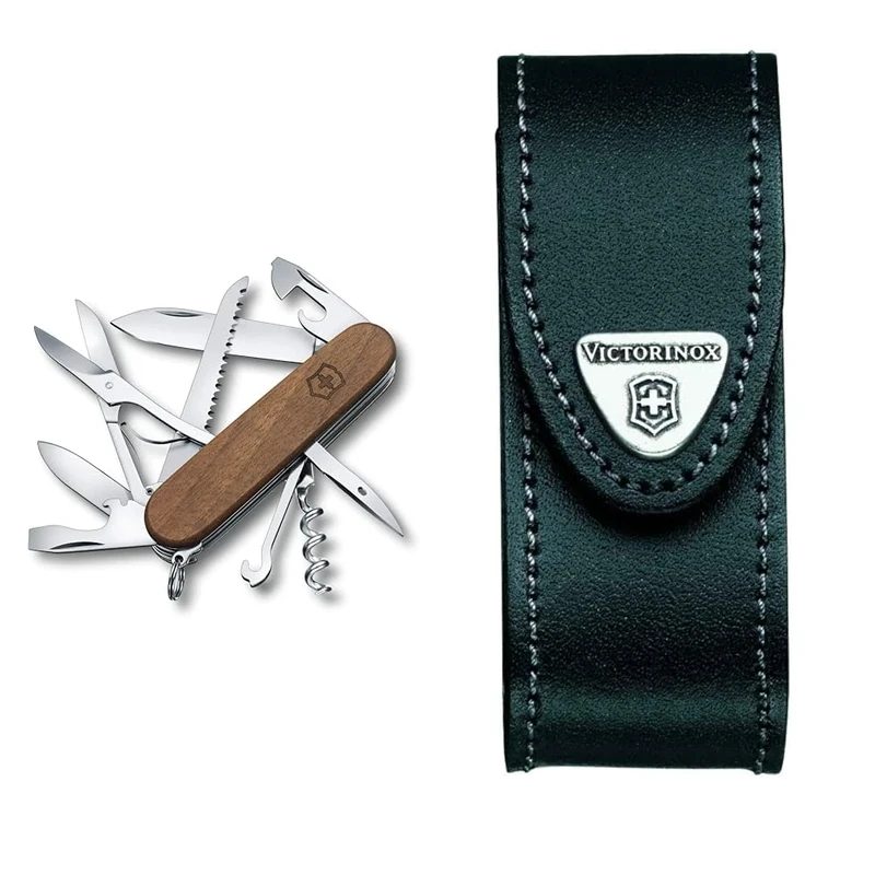 Victorinox Huntsman Swiss Army Pocket Knife, Medium, Multi Tool, 13 Functions, Blade, Bottle Opener, Wood, 91mm &, Swiss Army Knife Pouch, 3,5cm x 10cm, Black, Standard, (4.0520.3B1)